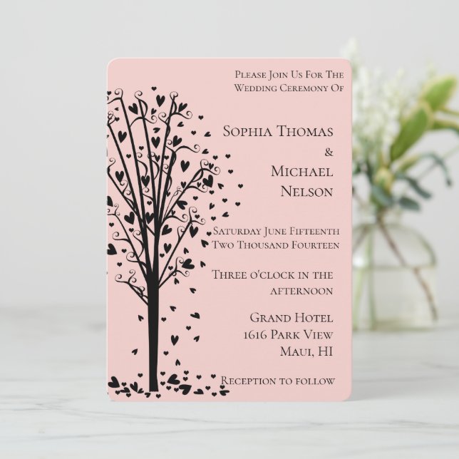 Chic Romantic Hearts Tree Blush Wedding Invitation (Standing Front)