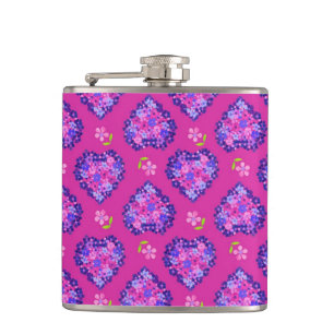 Chic Romantic Magenta Hearts and Flowers Hip Flask