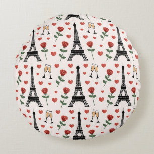 Chic Romantic Paris France Eiffel Tower & Roses Round Cushion