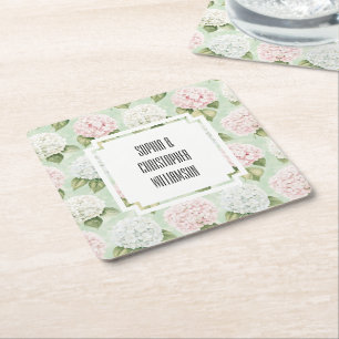 Chic Romantic Pink Blue White Floral Wedding Square Paper Coaster