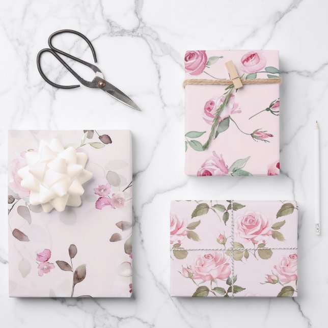 Chic Romantic Pink Roses Floral   Wrapping Paper Sheet (Front)