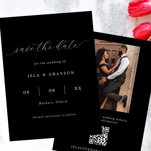 Chic Romantic Script Black & White Photo QR Code Save The Date (Creator Uploaded)