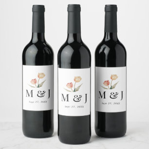 Chic Romantic Tulips Watercolor Monogram Wedding Wine Label