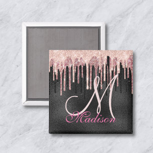 Chic rose blush black dripping monogram magnet
