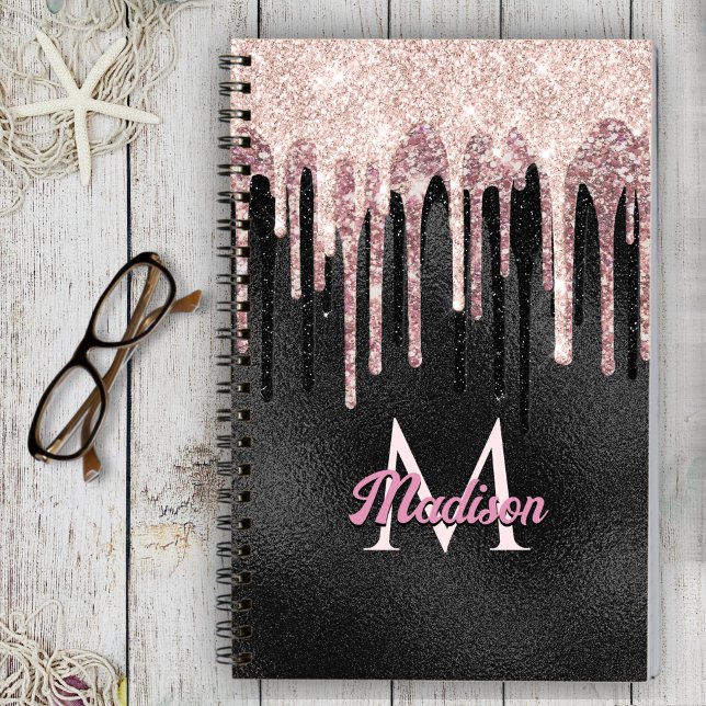 Chic rose blush black dripping monogram notebook (Creator Uploaded)