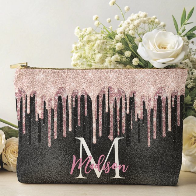 Chic rose blush black dripping monogram notebook accessory pouch (Creator Uploaded)