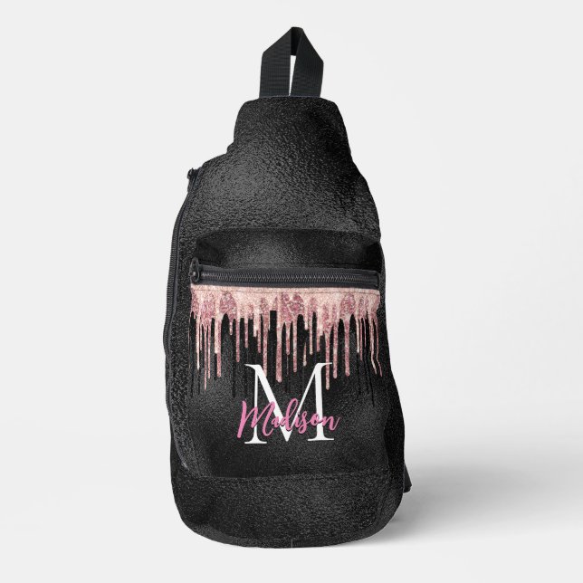 Chic rose blush black dripping monogram printed sling bag (Front)