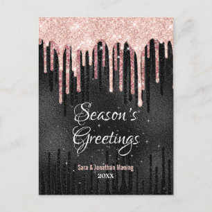 Chic rose blush black drips new year Christmas Postcard