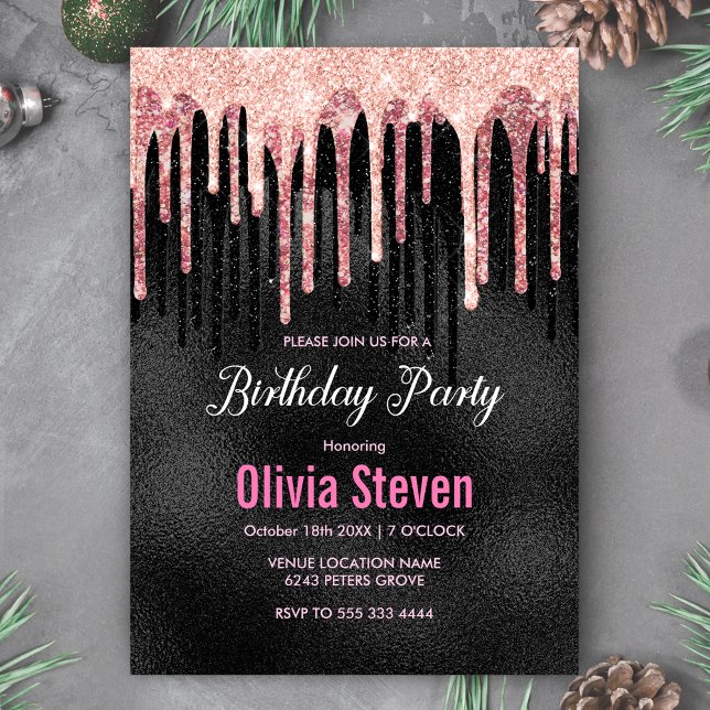 Chic rose blush, black glitter dripping invitation (Creator Uploaded)