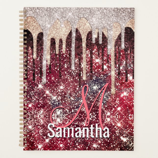 Chic rose blush brown glitter red drips monogram n planner (Front)