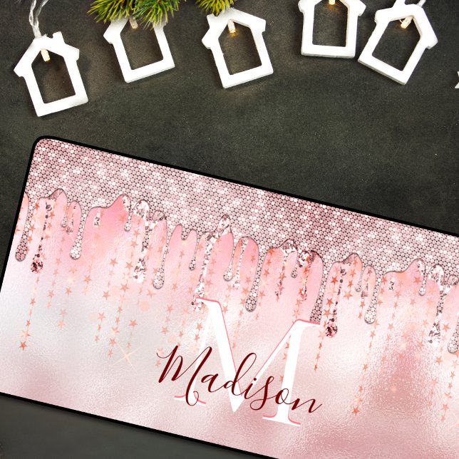 Chic rose blush gold glitter dripping monogram desk mat (Creator Uploaded)