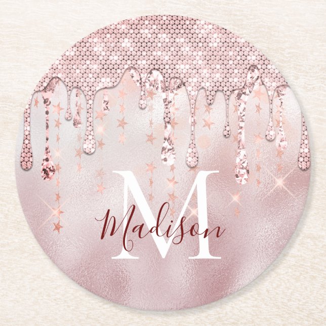Chic rose blush gold glitter dripping monogram pap round paper coaster (Front)