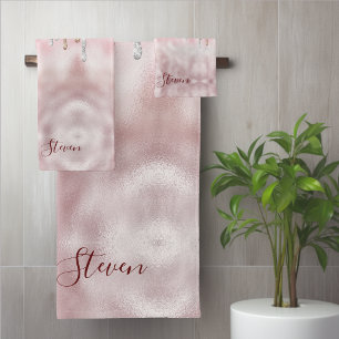Chic rose blush gold glitter drips monogram bath towel set