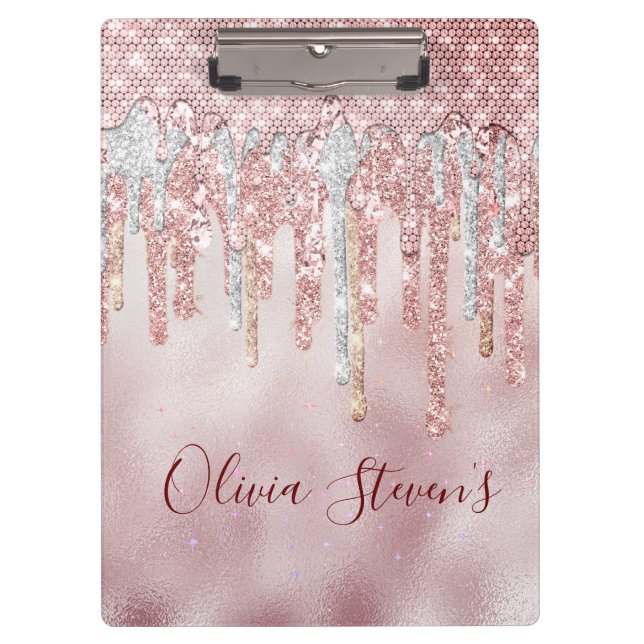 Chic rose blush gold glitter drips monogram clipboard (Front)