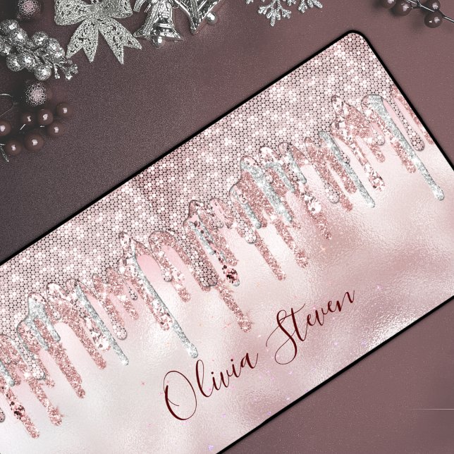 Chic rose blush gold glitter drips monogram desk mat (Creator Uploaded)