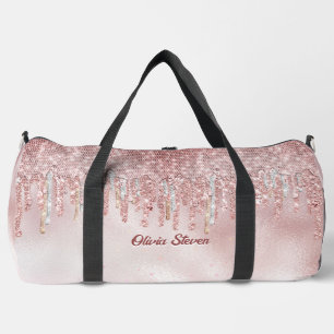 Chic rose blush gold glitter drips monogram duffle bag