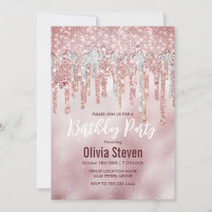 Chic rose blush gold glitter drips monogram invitation