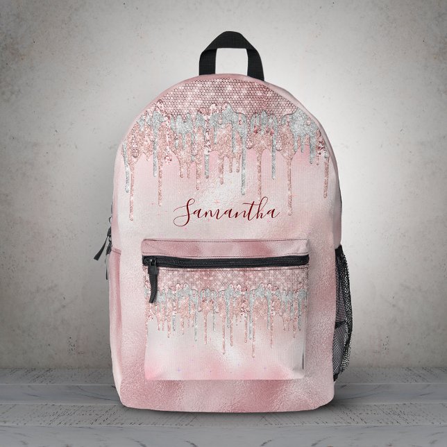 Chic rose blush gold glitter drips monogram  printed backpack (Creator Uploaded)