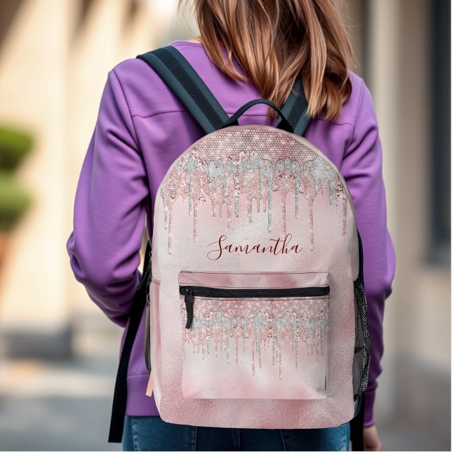 Chic rose blush gold glitter drips monogram  printed backpack (Creator Uploaded)