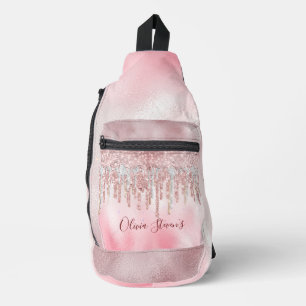 Chic rose blush gold glitter drips monogram sling bag