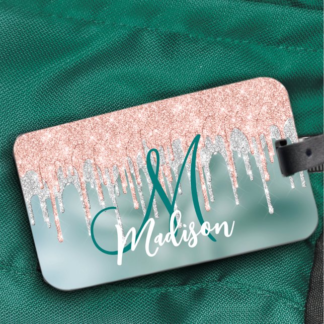 Chic rose blush mint dripping monogram luggage tag (Creator Uploaded)