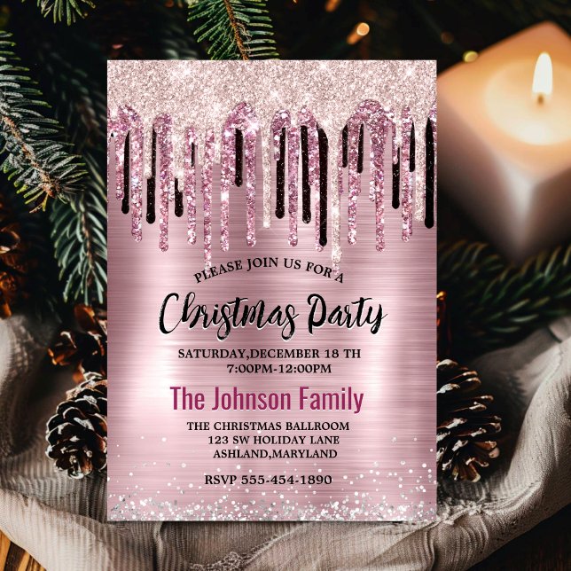 Chic rose blush pink dripping monogram Christmas  Invitation (Creator Uploaded)
