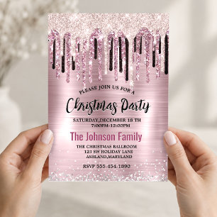 Chic rose blush pink dripping monogram Christmas Invitation