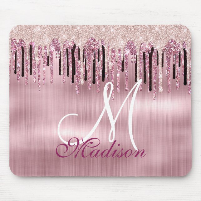 Chic rose blush pink dripping monogram mouse mat (Front)
