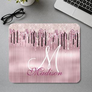 Chic rose blush pink dripping monogram mouse mat