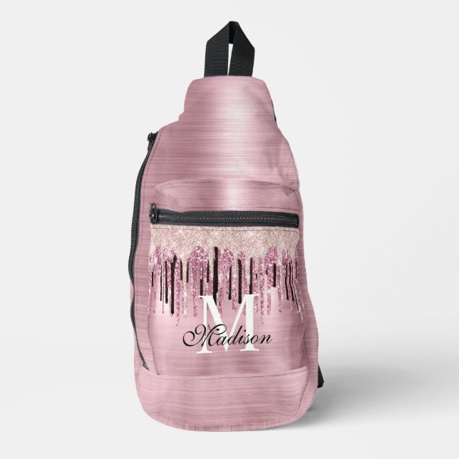 Chic rose blush pink dripping monogram printed sling bag (Front)