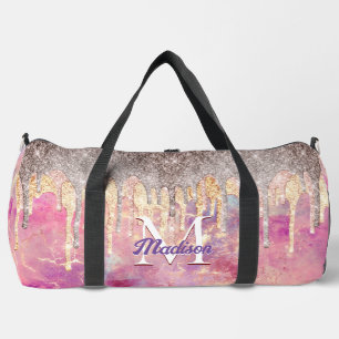 Chic rose blush pink glitter drips monogram duffle bag