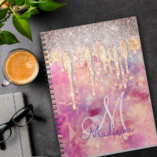 Chic rose blush pink glitter drips monogram notebook