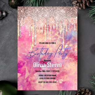 Chic rose blush pink holographic dripping invitation