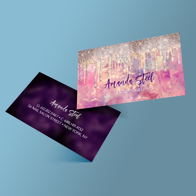 Chic rose blush pink holographic dripping monogram business card (Creator Uploaded)