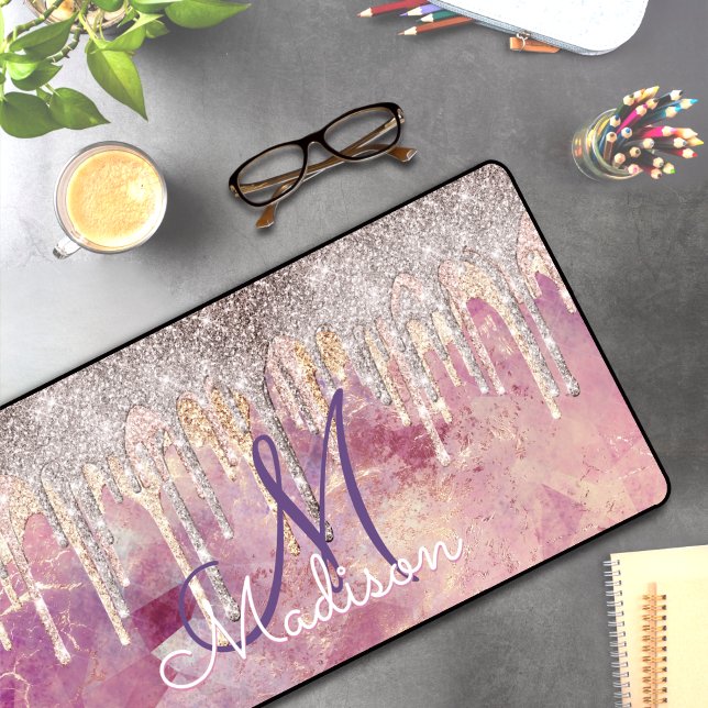 Chic rose blush pink holographic dripping monogram desk mat (Creator Uploaded)