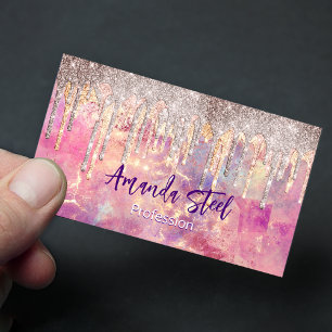 Chic rose blush pink holographic dripping monogram 	Magnetic business card