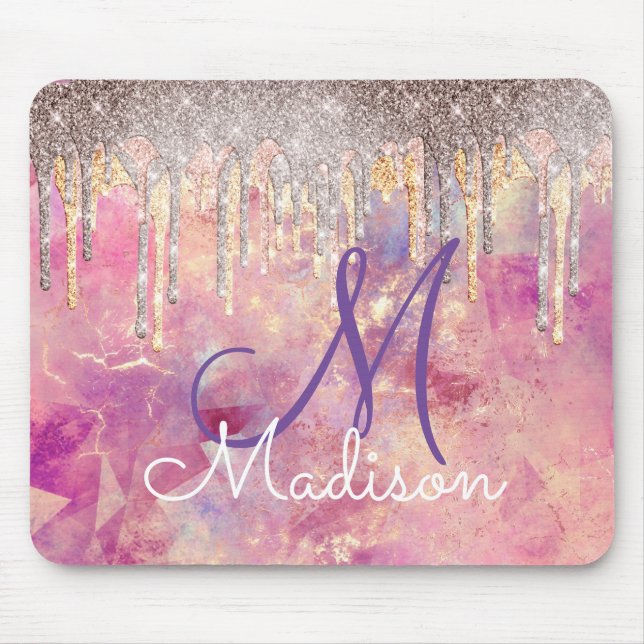 Chic rose blush pink holographic dripping monogram mouse mat (Front)
