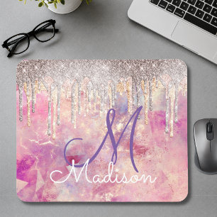 Chic rose blush pink holographic dripping monogram mouse mat