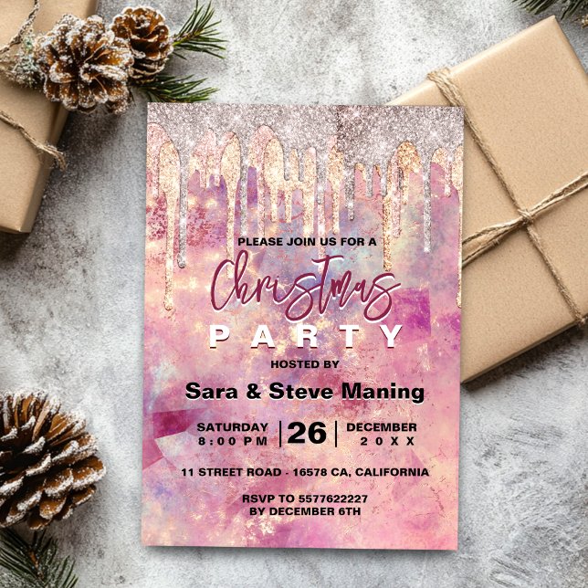 Chic rose blush pink holographic drips Christmas  Invitation (Creator Uploaded)
