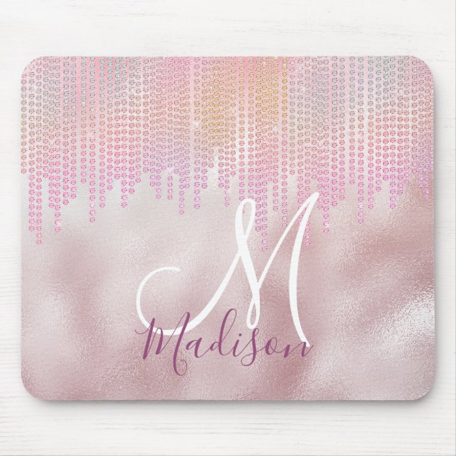 Chic rose blush rhinestone drips monogram mouse mat (Front)