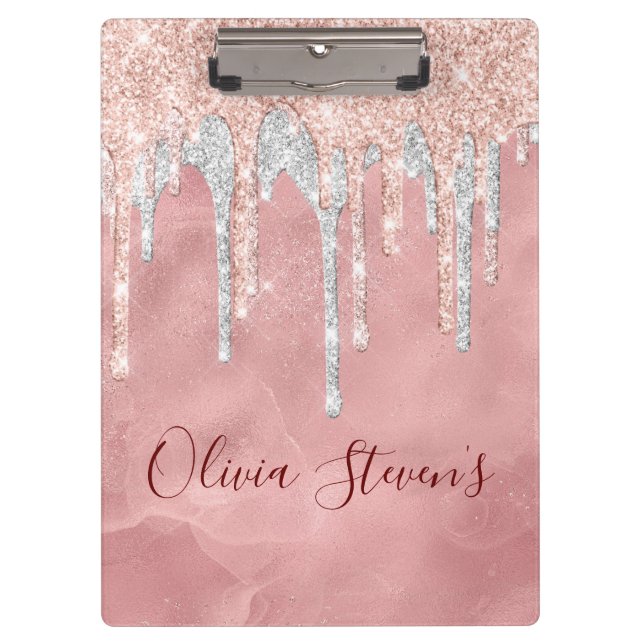 Chic rose blush silver dripping monogram clipboard (Front)
