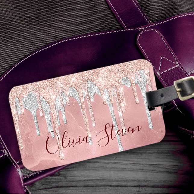 Chic rose blush silver dripping monogram luggage tag (Creator Uploaded)