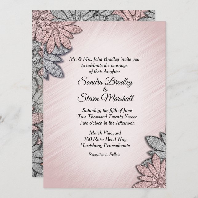 Chic Rose Colour Modern Floral Wedding Invitation (Front/Back)