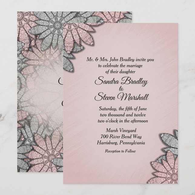 Chic Rose Colour Modern Floral Wedding Invitation (Front/Back)