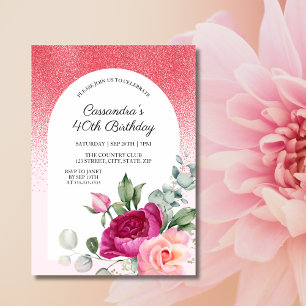 Chic Rose Floral Red Glitter Birthday Invitation