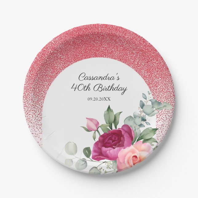 Chic Rose Floral Red Glitter Birthday  Paper Plate (Front)