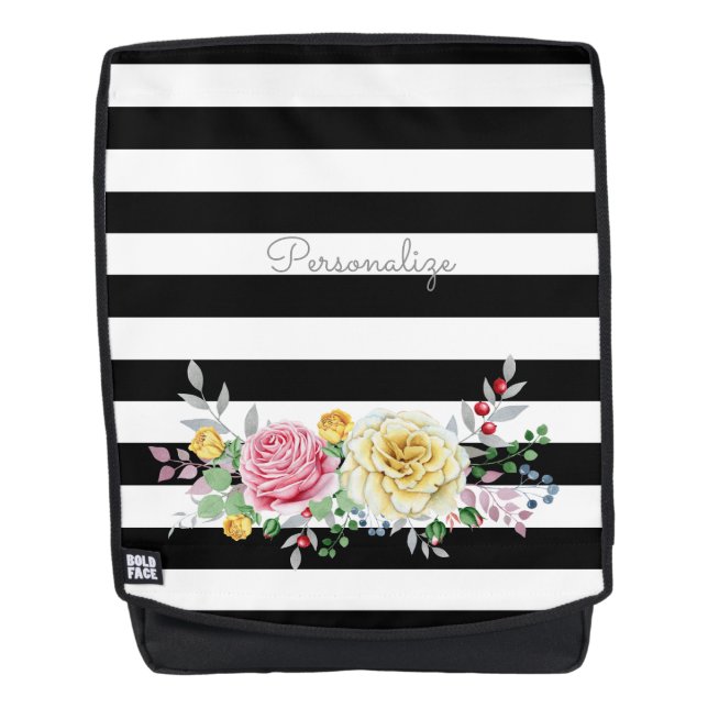 Chic Rose Floral Trendy Black Stripes and Name Backpack (Front)