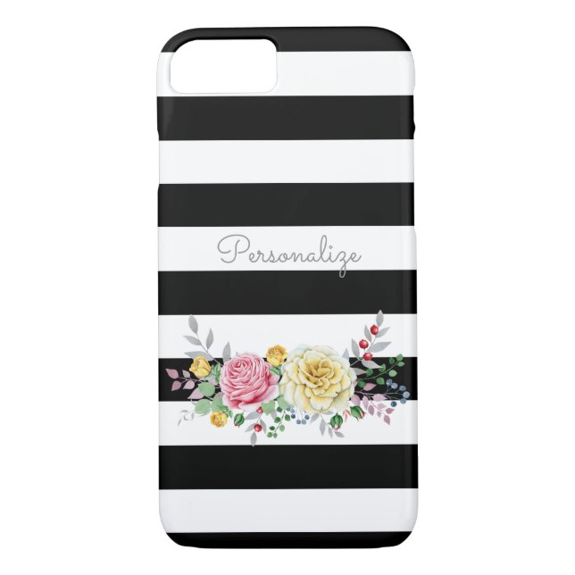 Chic Rose Floral Trendy Black Stripes and Name Case-Mate iPhone Case (Back)