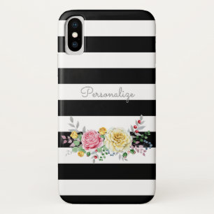 Chic Rose Floral Trendy Black Stripes and Name iPhone X Case