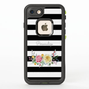 Chic Rose Floral Trendy Black Stripes and Name